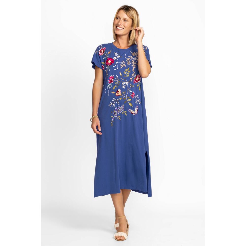 Johnny Was Embroidered Blue Floral Osaka Relaxed Knit Midi Dress Size XS